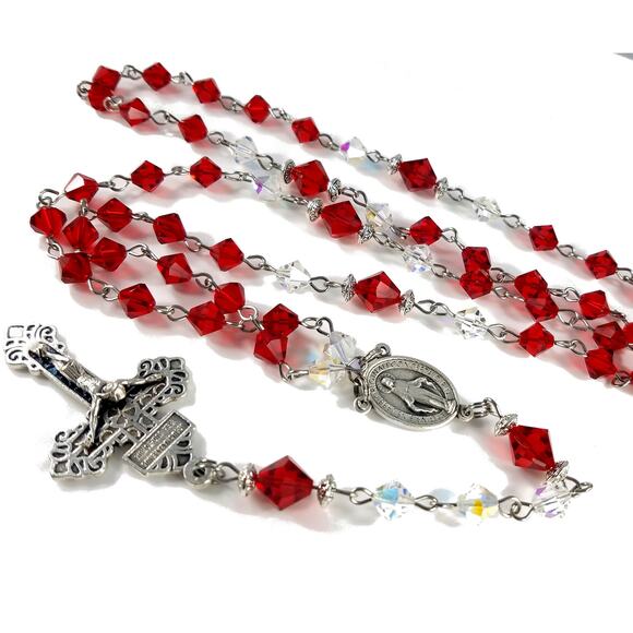 Vintage Red Clear Crystal Rosary, Pardon Crucifix, Hand Wire Wrapped - Picture 5 of 10
